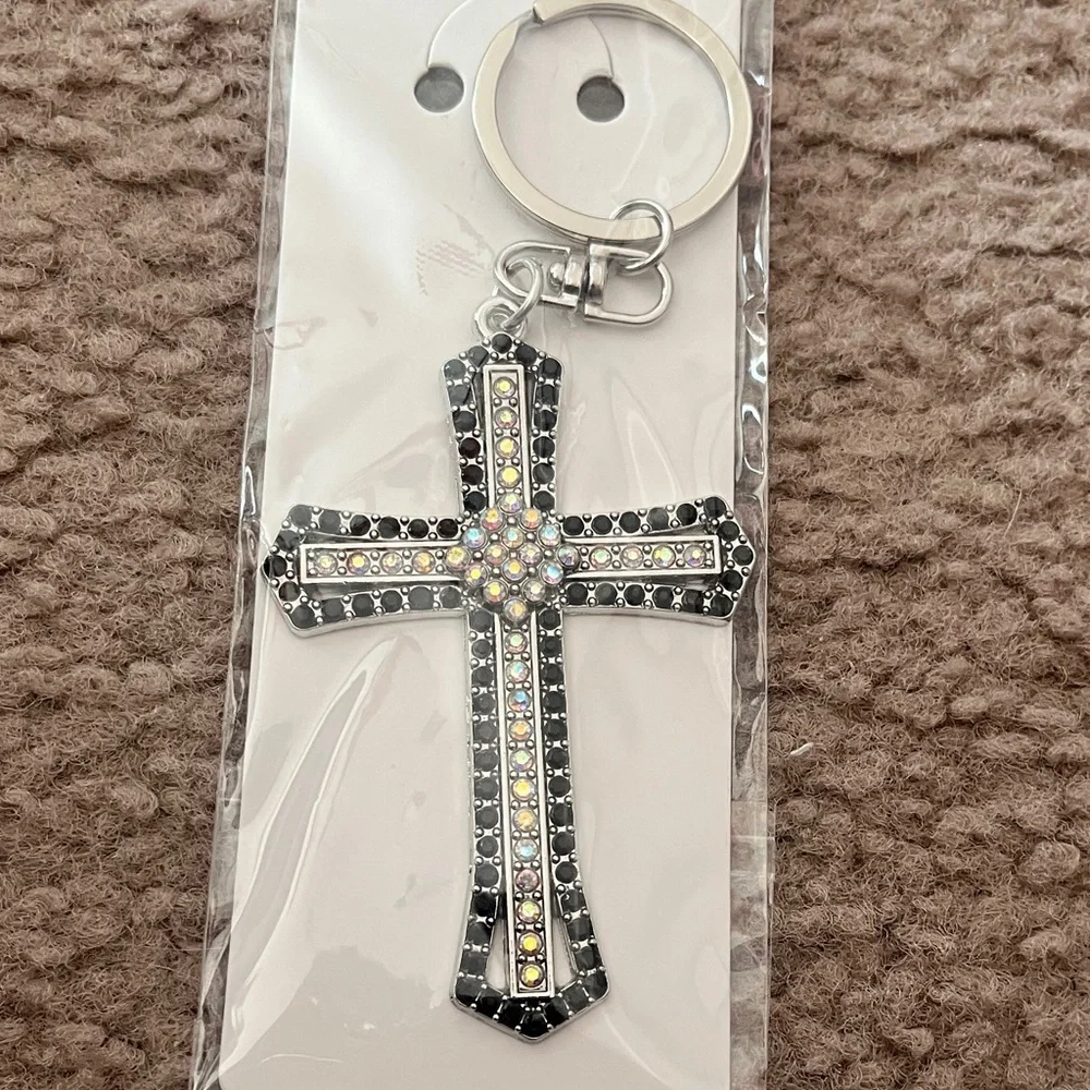 Rhinestone Cross Keychain - Iridescent & Black